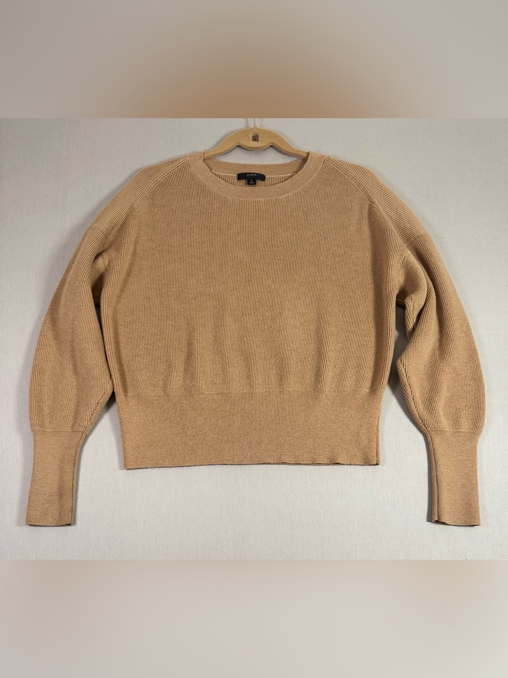 J.Crew Merino Wool Blend Ribbed Balloon Sleeve Sweater Tan S